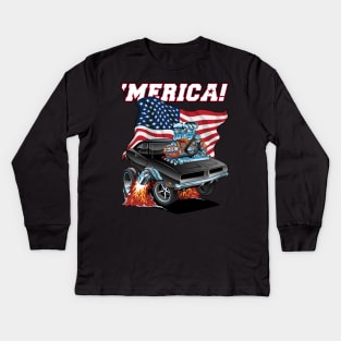 Merica Patriotic Classic Hot Rod Muscle Car USA Flag Cartoon Kids Long Sleeve T-Shirt